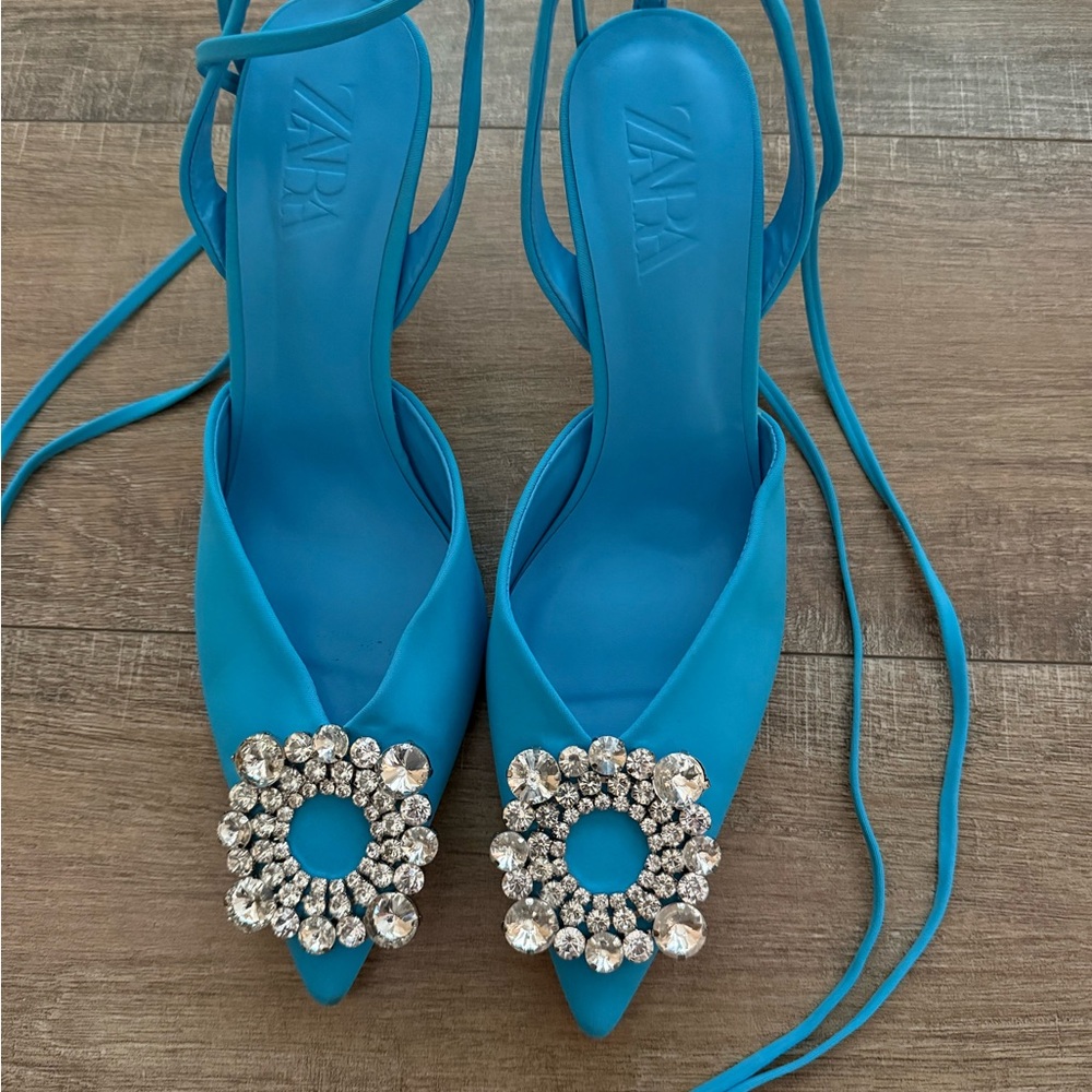 SOLD-ZARA Blue Rhinestone Embellished Lace-Up Pointed Toe Heels 💎✨ - Picture 2 of 5